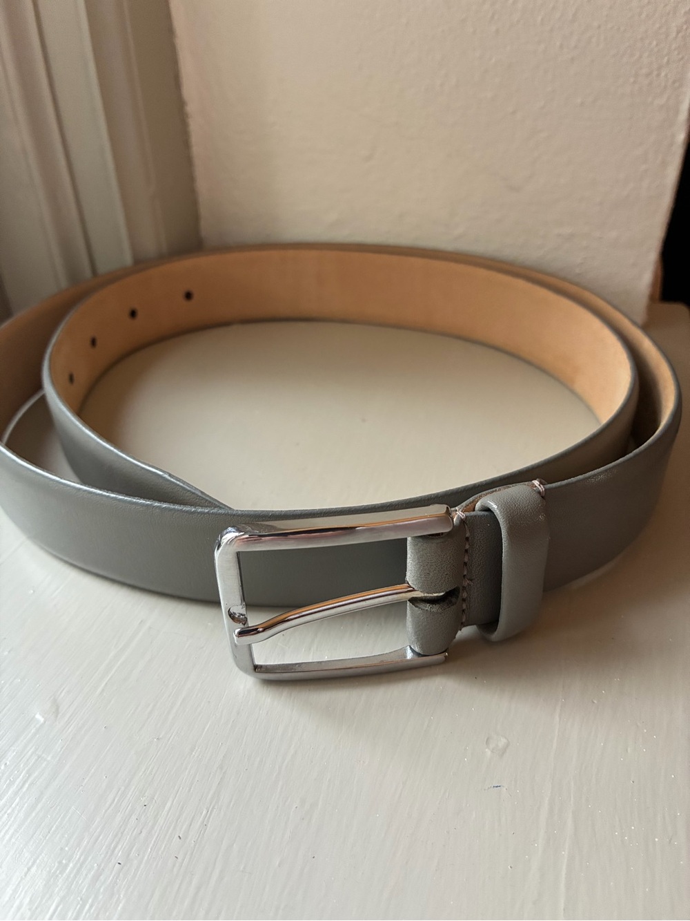 Vtg Mens Grey Leather Belt Size 38 Full Grain Aniline Cowhide Silver Buckle